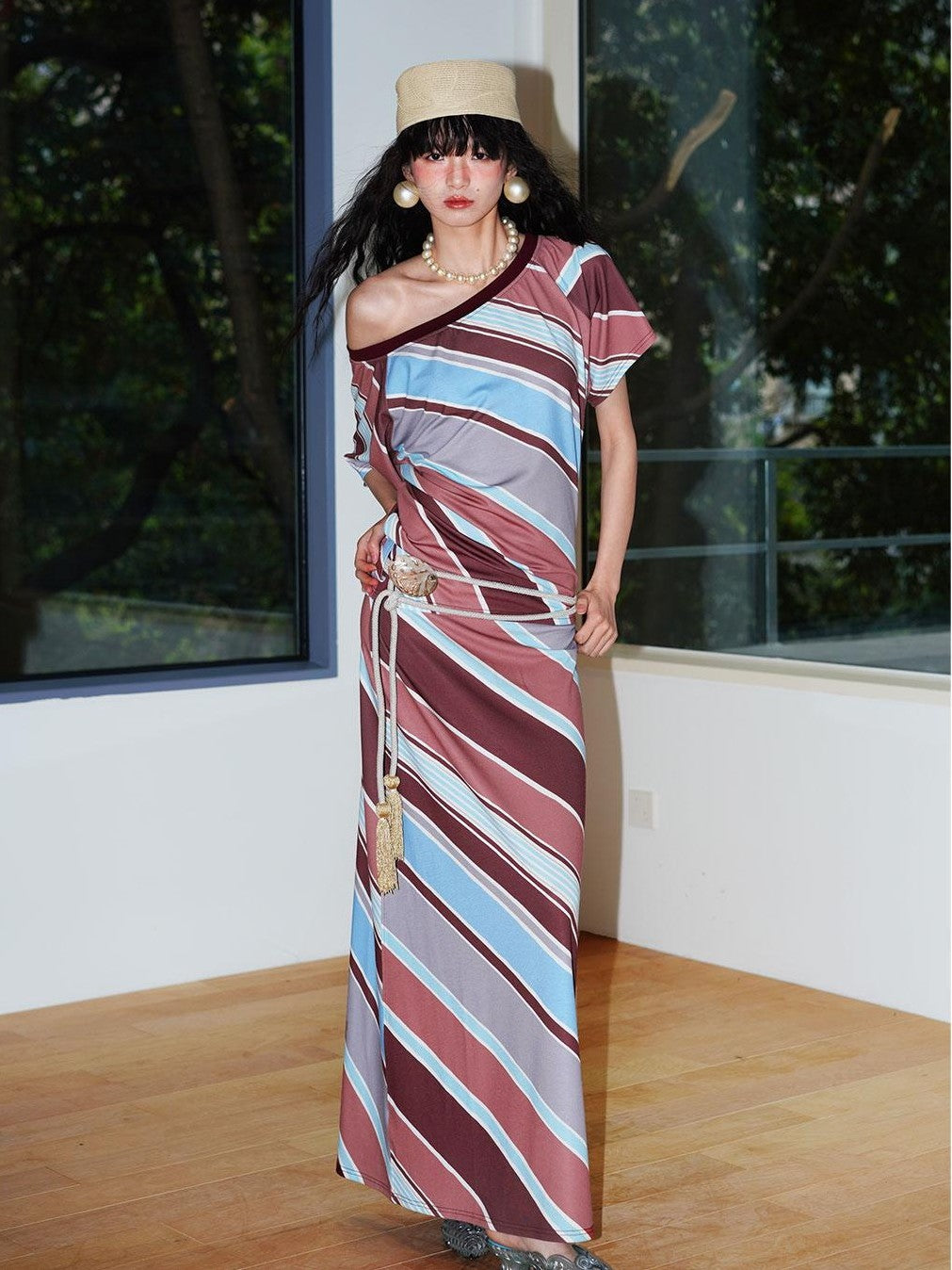 badtaste Colorblock Striped Loose Asymmetric Shoulder Women's Casual Maxi Dresses