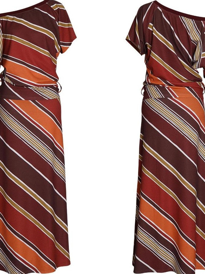 badtaste Colorblock Striped Loose Asymmetric Shoulder Women's Casual Maxi Dresses
