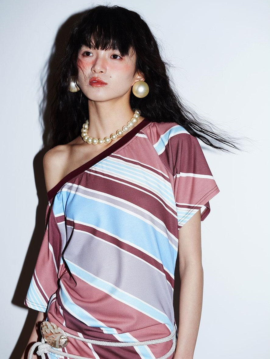 badtaste Colorblock Striped Loose Asymmetric Shoulder Women's Casual Maxi Dresses