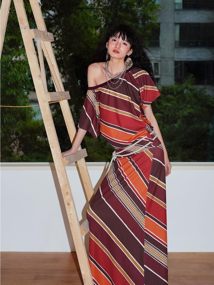 badtaste Colorblock Striped Loose Asymmetric Shoulder Women's Casual Maxi Dresses