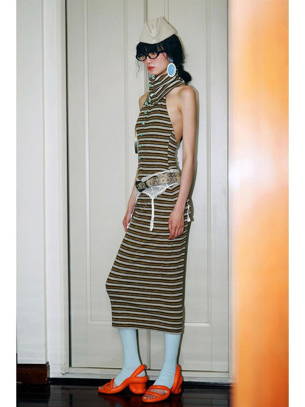 badtaste Colorblock Striped Retro Convertible Open Back Women's Halter Maxi Dresses