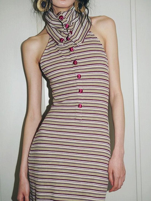 badtaste Colorblock Striped Retro Convertible Open Back Women's Halter Maxi Dresses