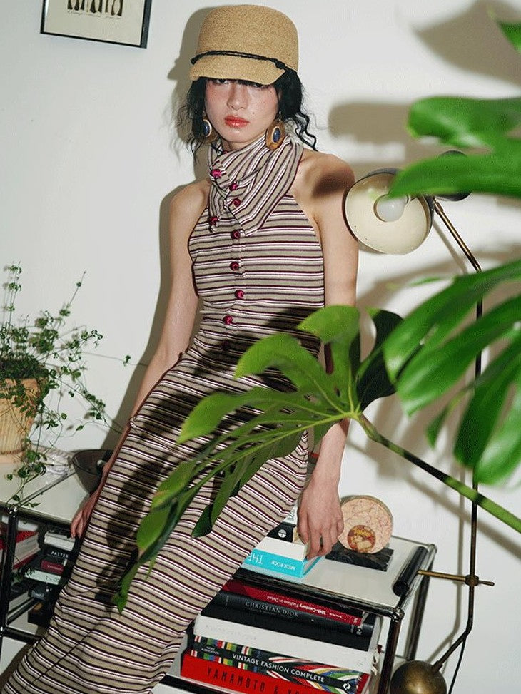 badtaste Colorblock Striped Retro Convertible Open Back Women's Halter Maxi Dresses