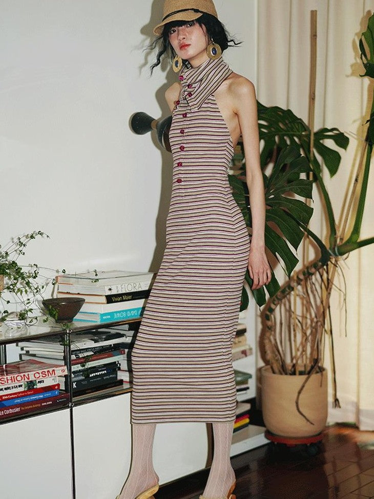 badtaste Colorblock Striped Retro Convertible Open Back Women's Halter Maxi Dresses
