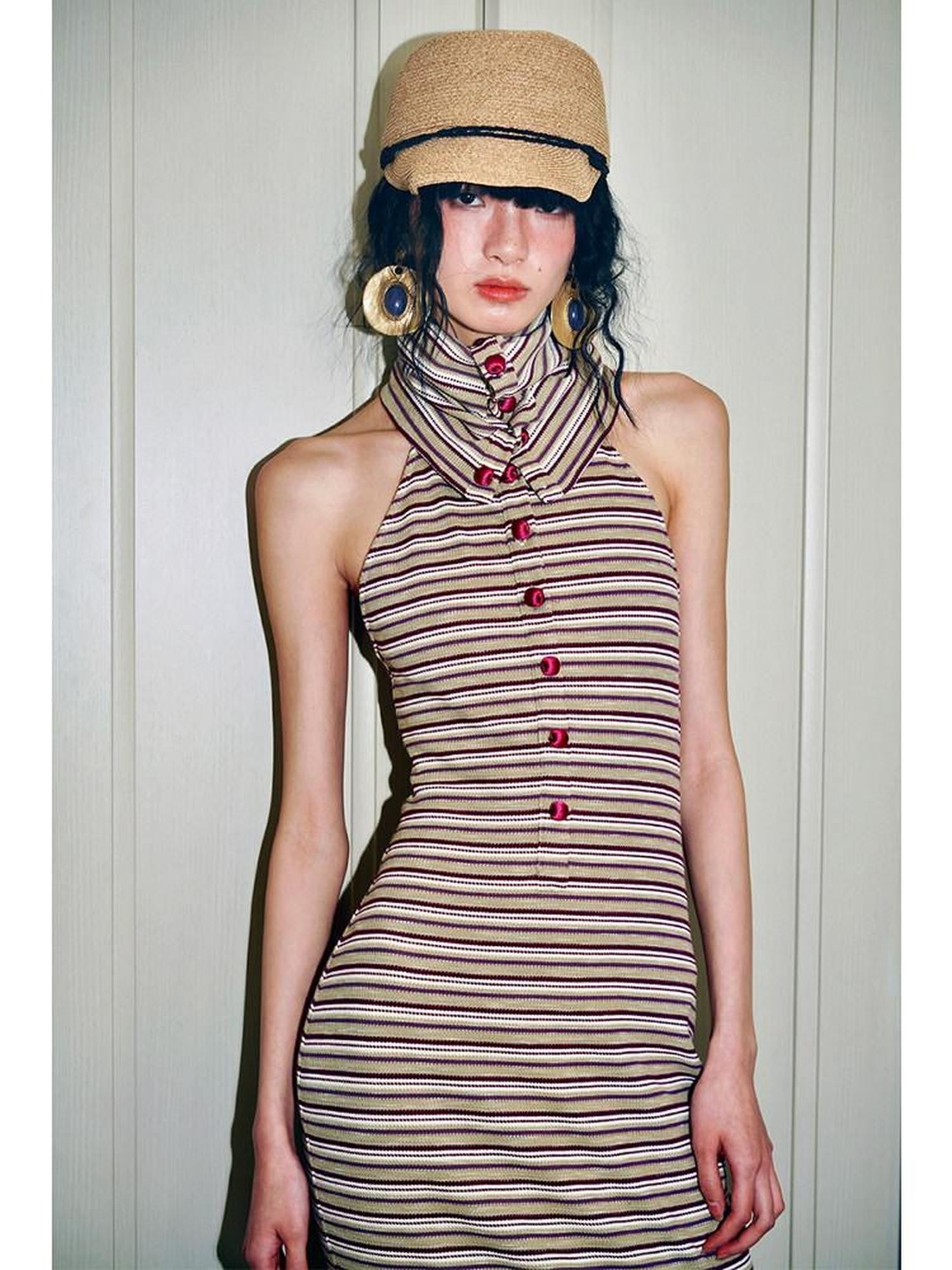 badtaste Colorblock Striped Retro Convertible Open Back Women's Halter Maxi Dresses