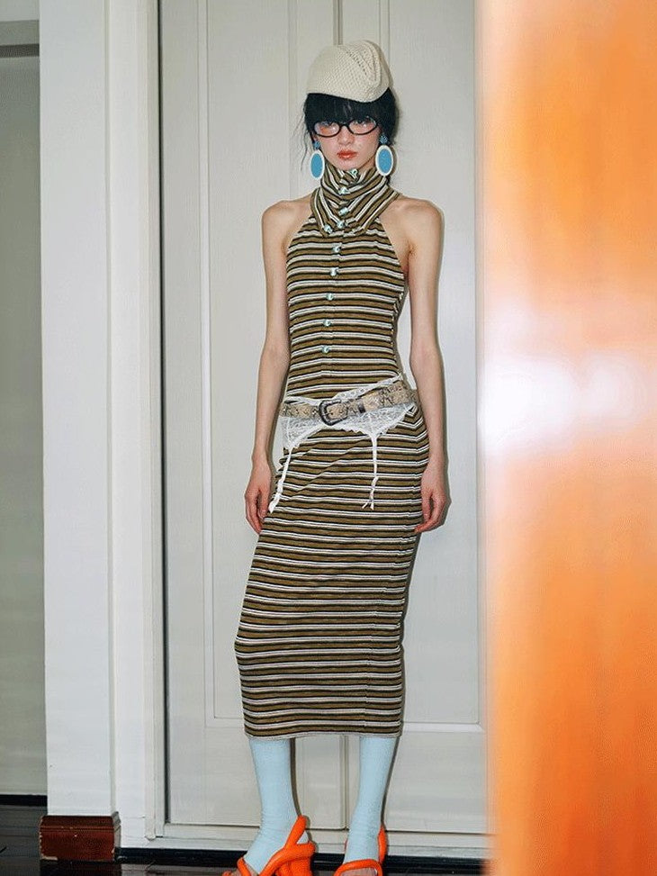 badtaste Colorblock Striped Retro Convertible Open Back Women's Halter Maxi Dresses