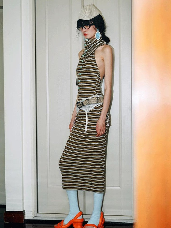 badtaste Colorblock Striped Retro Convertible Open Back Women's Halter Maxi Dresses