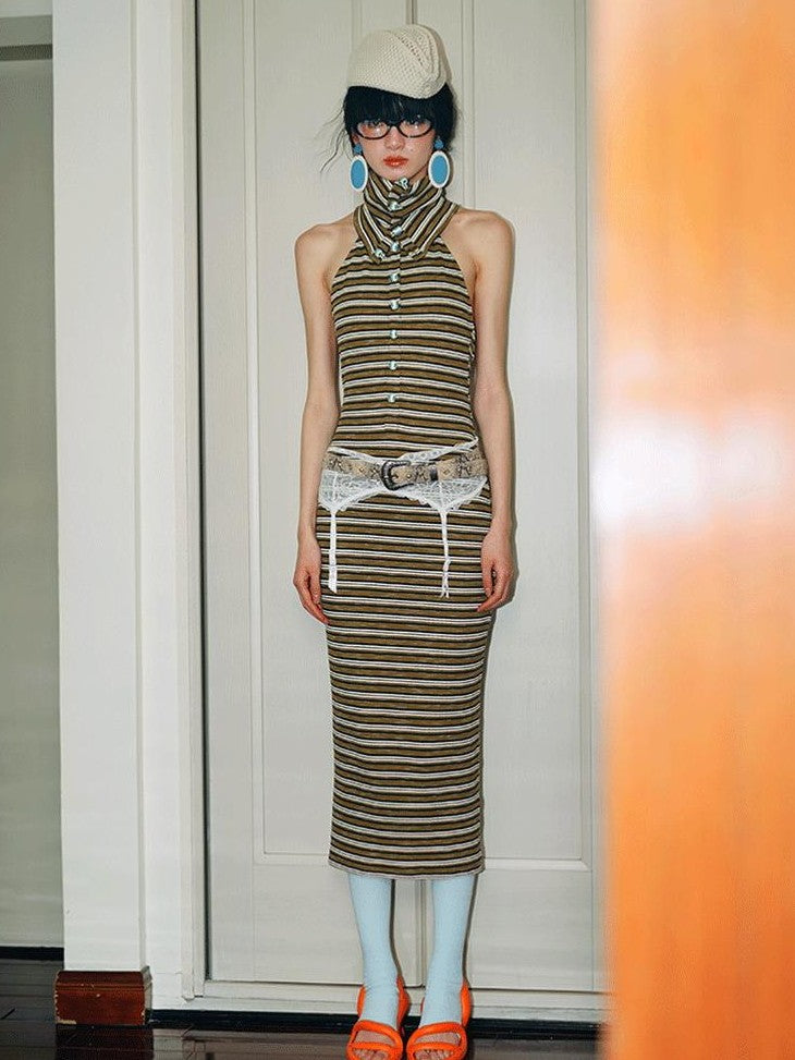 badtaste Colorblock Striped Retro Convertible Open Back Women's Halter Maxi Dresses