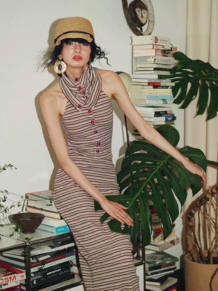badtaste Colorblock Striped Retro Convertible Open Back Women's Halter Maxi Dresses