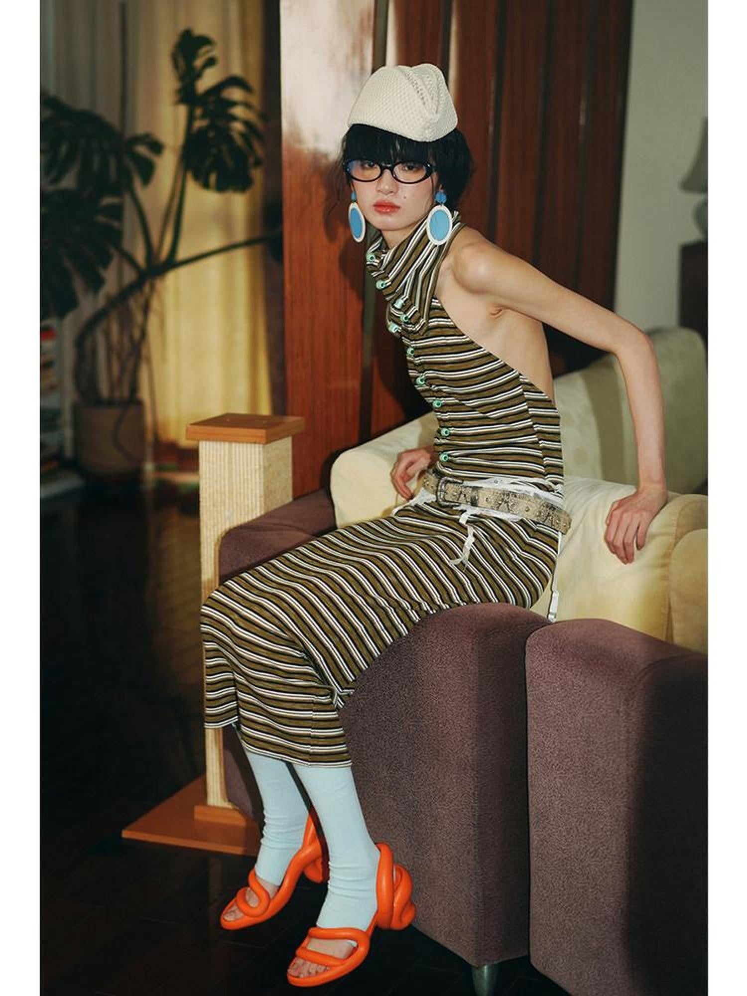 badtaste Colorblock Striped Retro Convertible Open Back Women's Halter Maxi Dresses