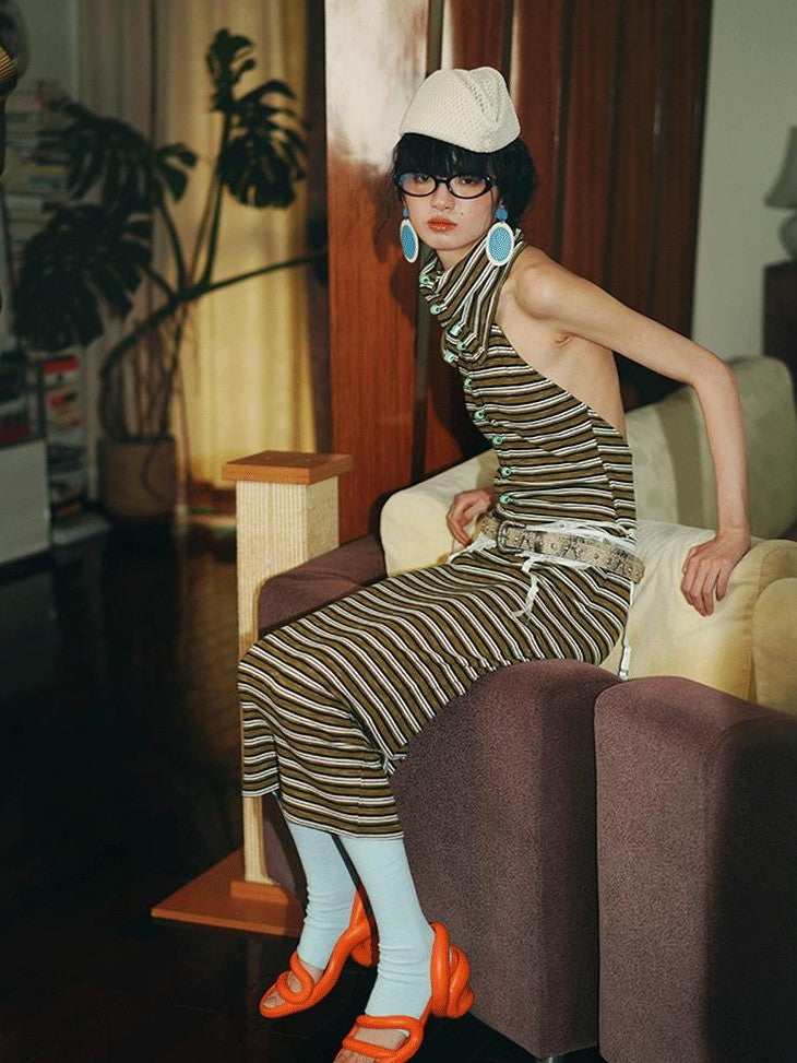 badtaste Colorblock Striped Retro Convertible Open Back Women's Halter Maxi Dresses