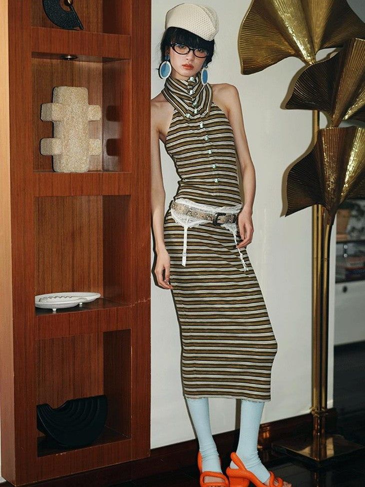 badtaste Colorblock Striped Retro Convertible Open Back Women's Halter Maxi Dresses