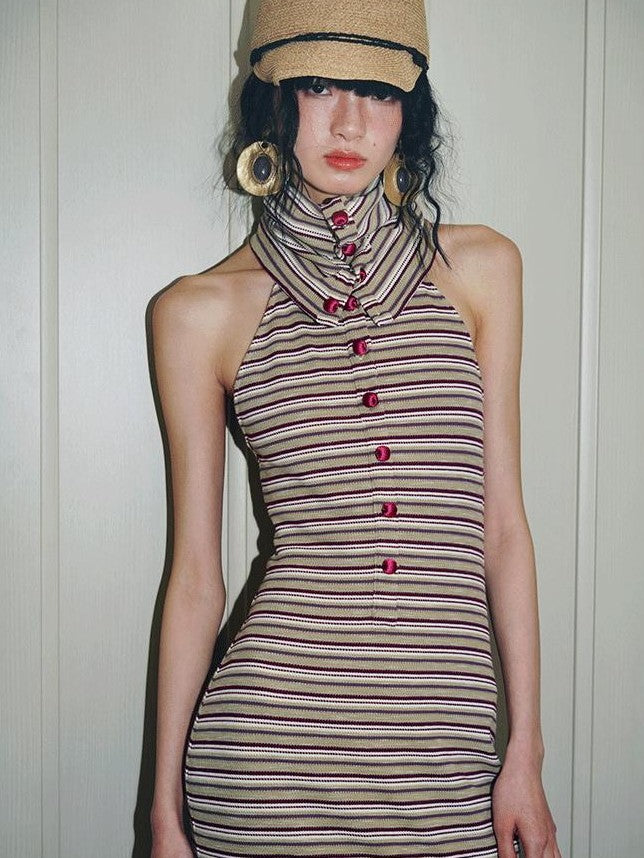 badtaste Colorblock Striped Retro Convertible Open Back Women's Halter Maxi Dresses