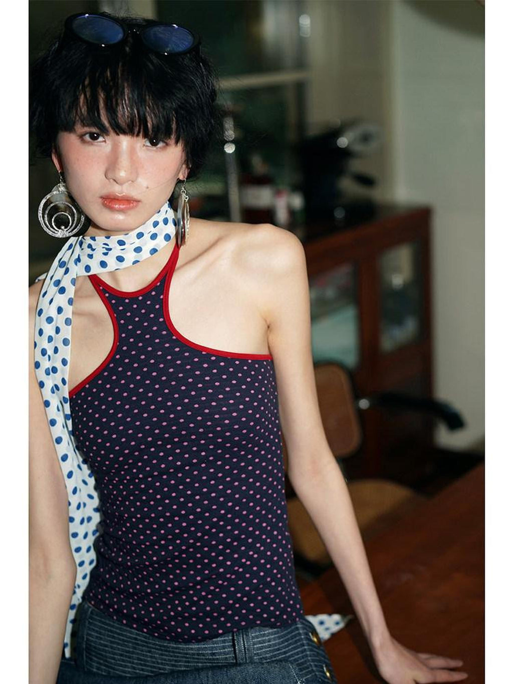 badtaste Colorful Retro Polka Dot Colorblock Reversible Slim Knit Women's Halter Tops