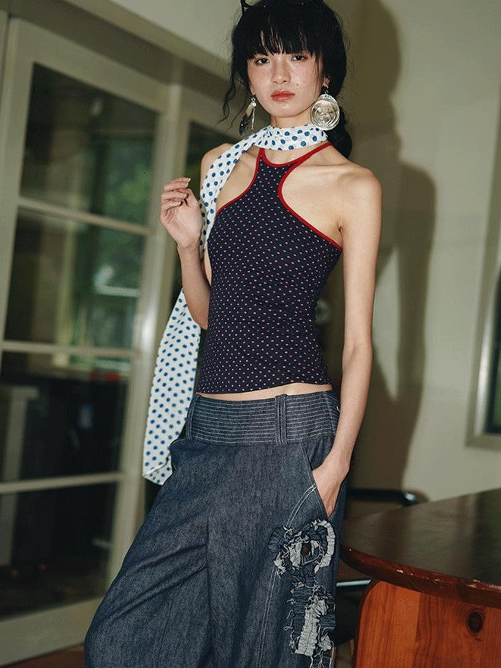 badtaste Colorful Retro Polka Dot Colorblock Reversible Slim Knit Women's Halter Tops