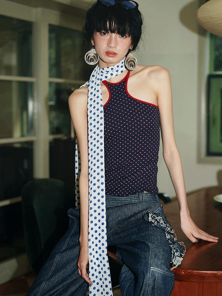 badtaste Colorful Retro Polka Dot Colorblock Reversible Slim Knit Women's Halter Tops