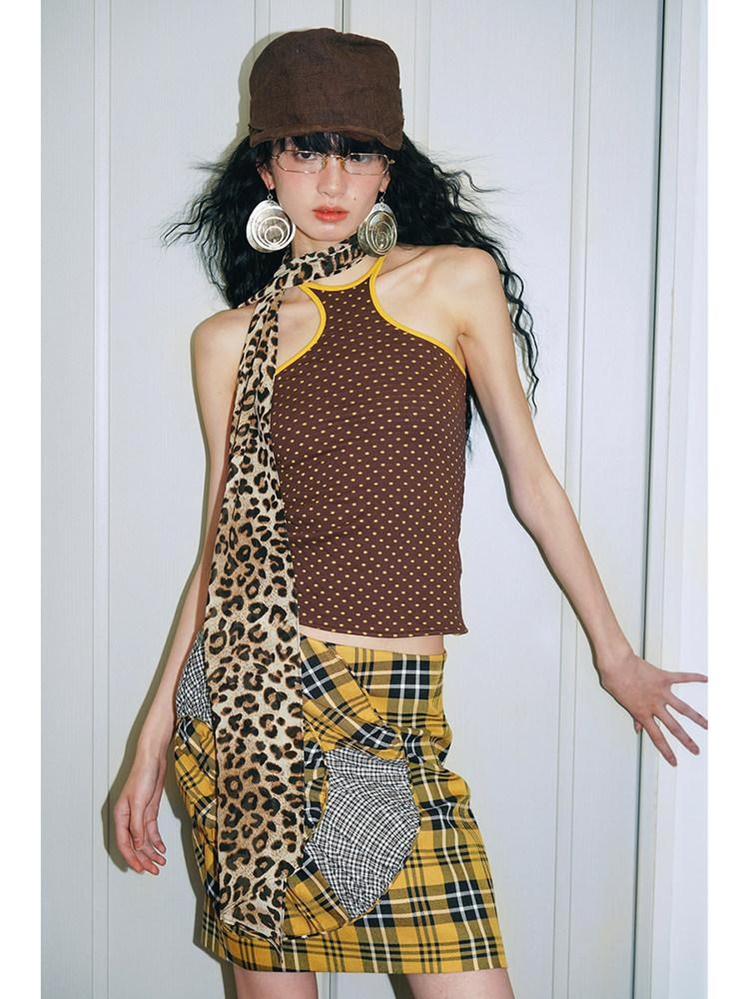 badtaste Colorful Retro Polka Dot Colorblock Reversible Slim Knit Women's Halter Tops
