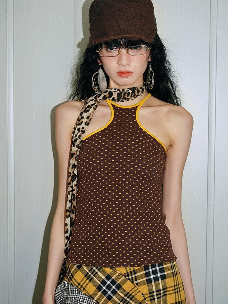 badtaste Colorful Retro Polka Dot Colorblock Reversible Slim Knit Women's Halter Tops
