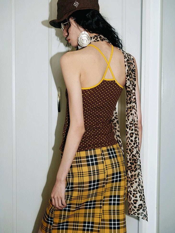 badtaste Colorful Retro Polka Dot Colorblock Reversible Slim Knit Women's Halter Tops