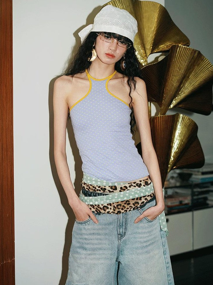badtaste Colorful Retro Polka Dot Colorblock Reversible Slim Knit Women's Halter Tops