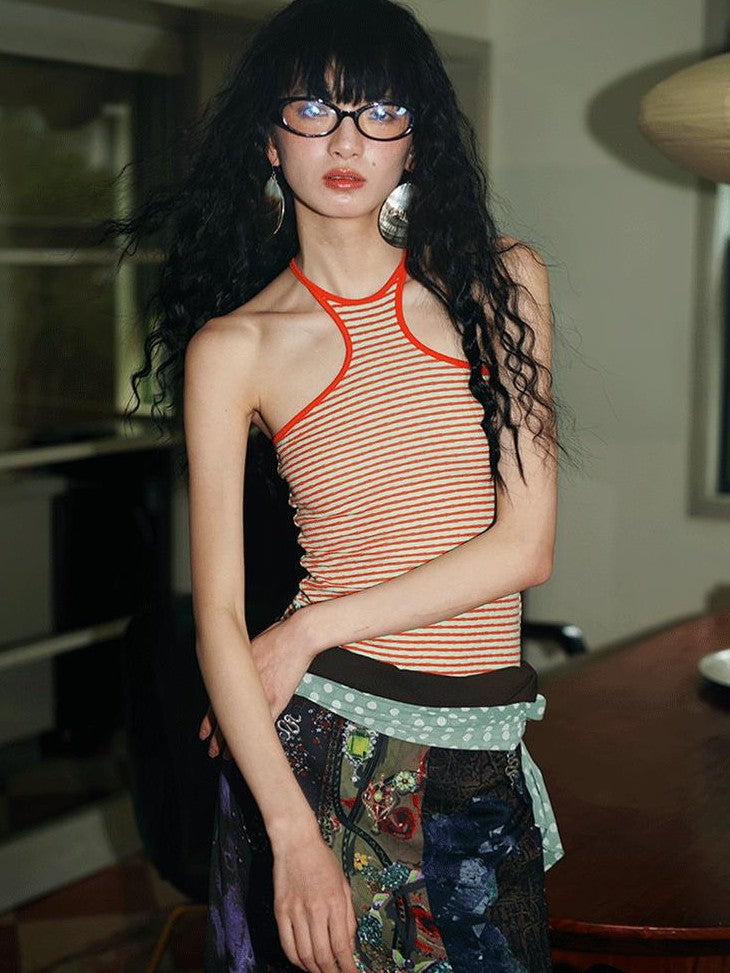 badtaste Colorful Retro Polka Dot Colorblock Reversible Slim Knit Women's Halter Tops