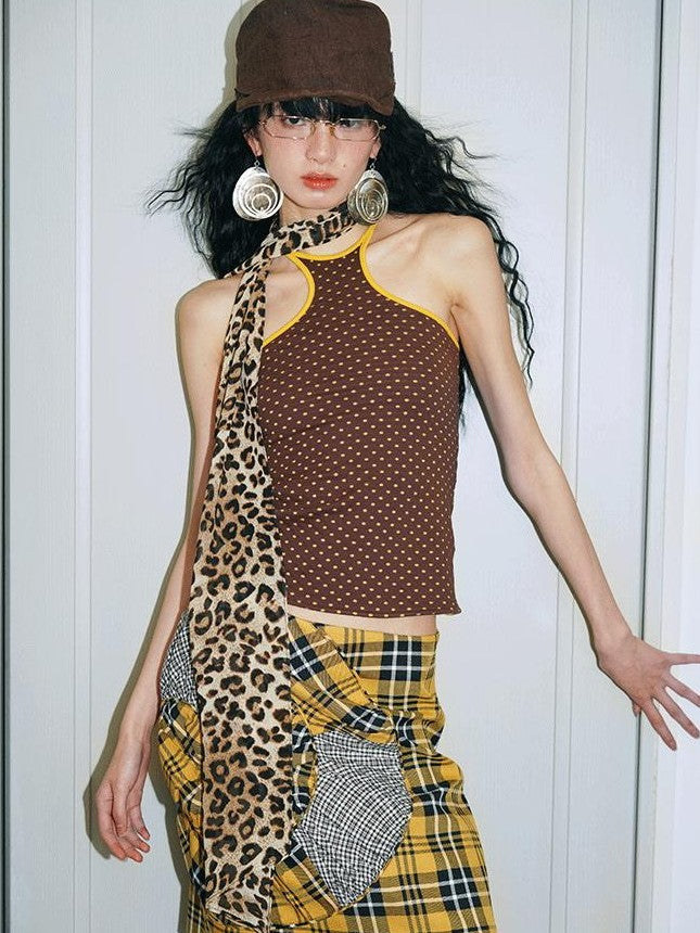 badtaste Colorful Retro Polka Dot Colorblock Reversible Slim Knit Women's Halter Tops