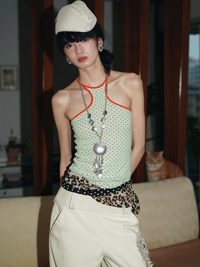 badtaste Colorful Retro Polka Dot Colorblock Reversible Slim Knit Women's Halter Tops