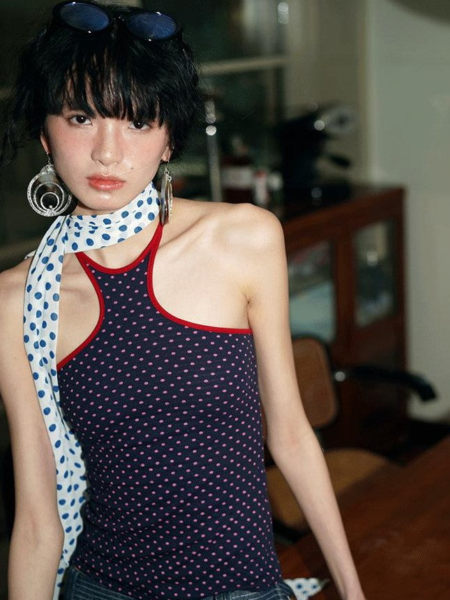 badtaste Colorful Retro Polka Dot Colorblock Reversible Slim Knit Women's Halter Tops