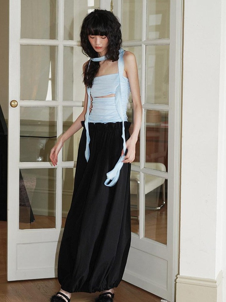 badtaste Contrast Cutout Faux Two Piece Women's Strappy Lantern Slip Maxi Dresses