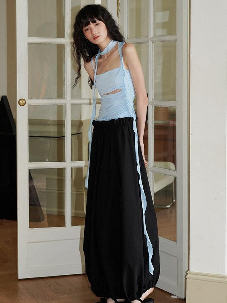 badtaste Contrast Cutout Faux Two Piece Women's Strappy Lantern Slip Maxi Dresses