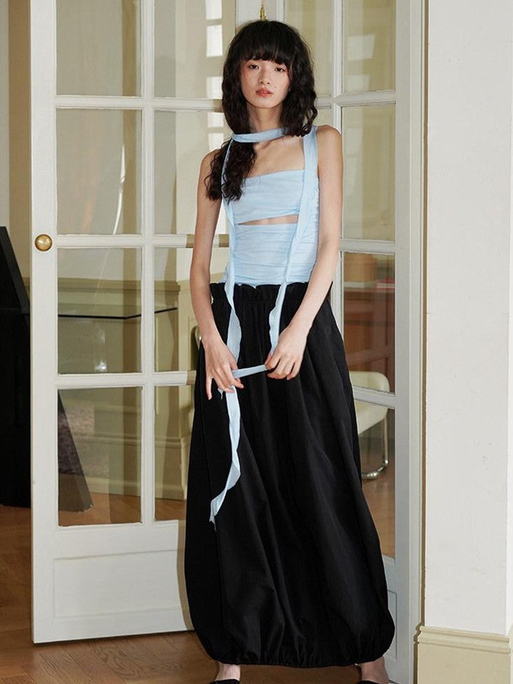 badtaste Contrast Cutout Faux Two Piece Women's Strappy Lantern Slip Maxi Dresses