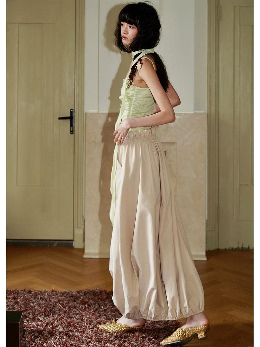 badtaste Contrast Cutout Faux Two Piece Women's Strappy Lantern Slip Maxi Dresses