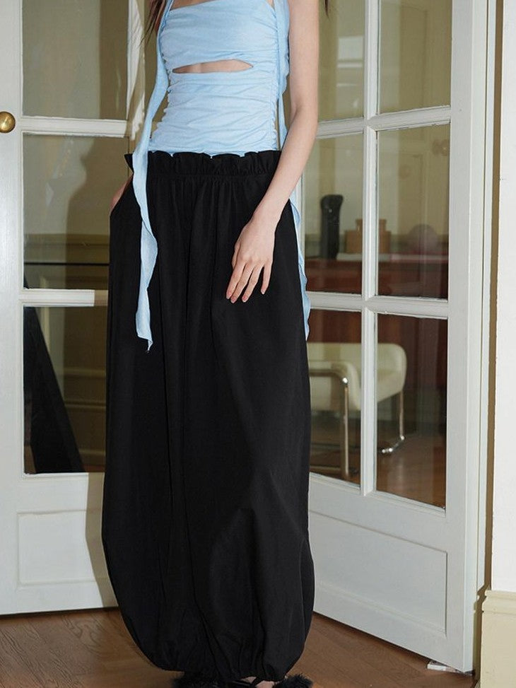 badtaste Contrast Cutout Faux Two Piece Women's Strappy Lantern Slip Maxi Dresses