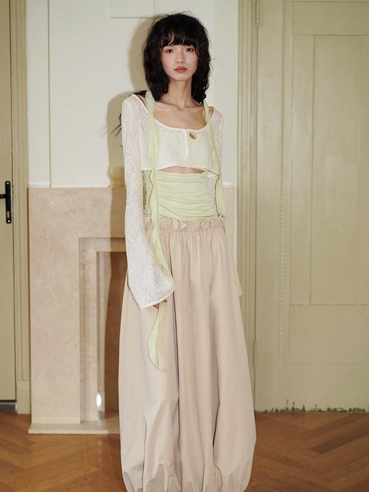 badtaste Contrast Cutout Faux Two Piece Women's Strappy Lantern Slip Maxi Dresses