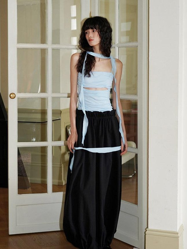 badtaste Contrast Cutout Faux Two Piece Women's Strappy Lantern Slip Maxi Dresses