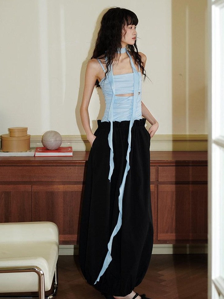 badtaste Contrast Cutout Faux Two Piece Women's Strappy Lantern Slip Maxi Dresses