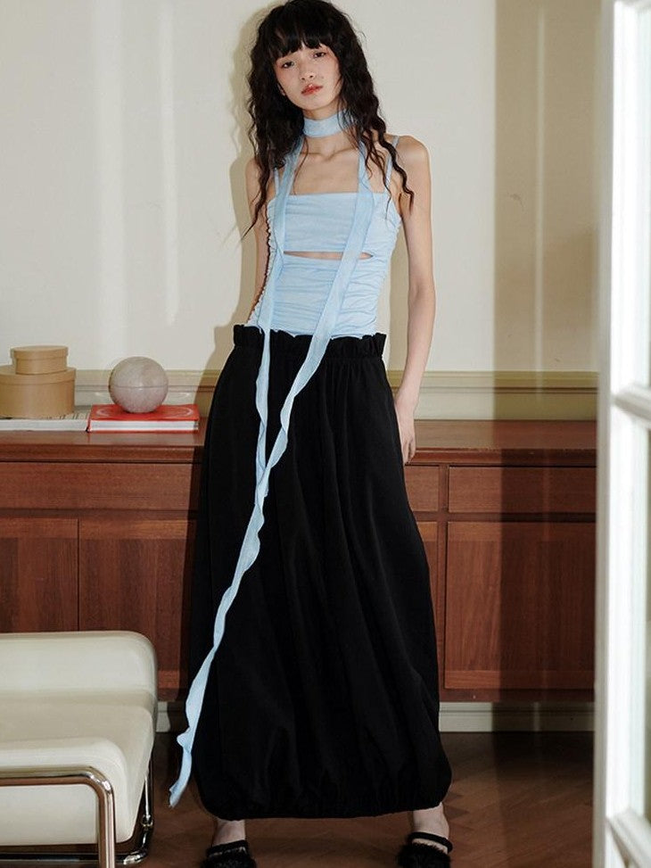 badtaste Contrast Cutout Faux Two Piece Women's Strappy Lantern Slip Maxi Dresses