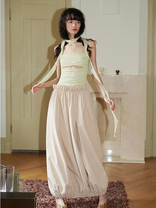 badtaste Contrast Cutout Faux Two Piece Women's Strappy Lantern Slip Maxi Dresses