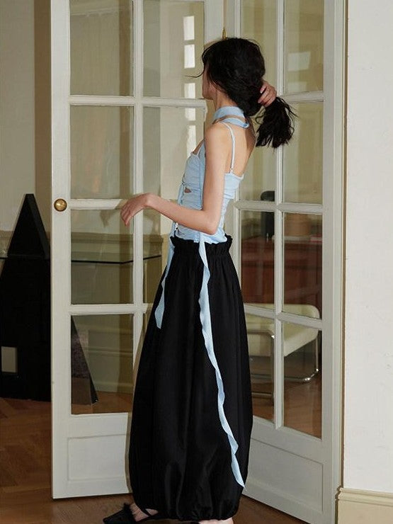 badtaste Contrast Cutout Faux Two Piece Women's Strappy Lantern Slip Maxi Dresses