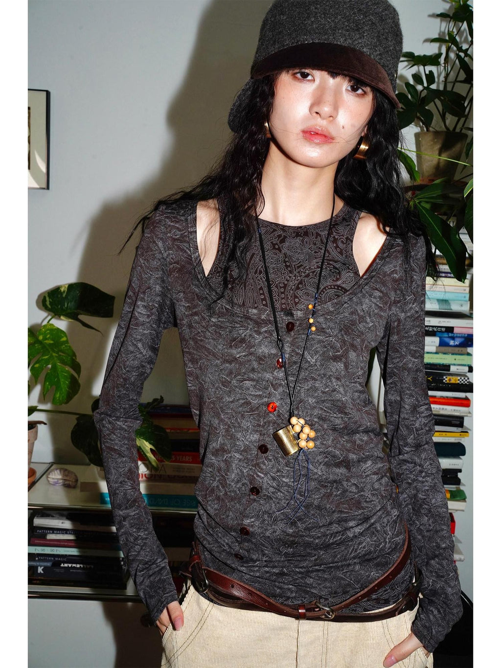 badtaste Contrast Vintage Print Faux Layered Women's Acetate Knit Long Sleeve T-shirts
