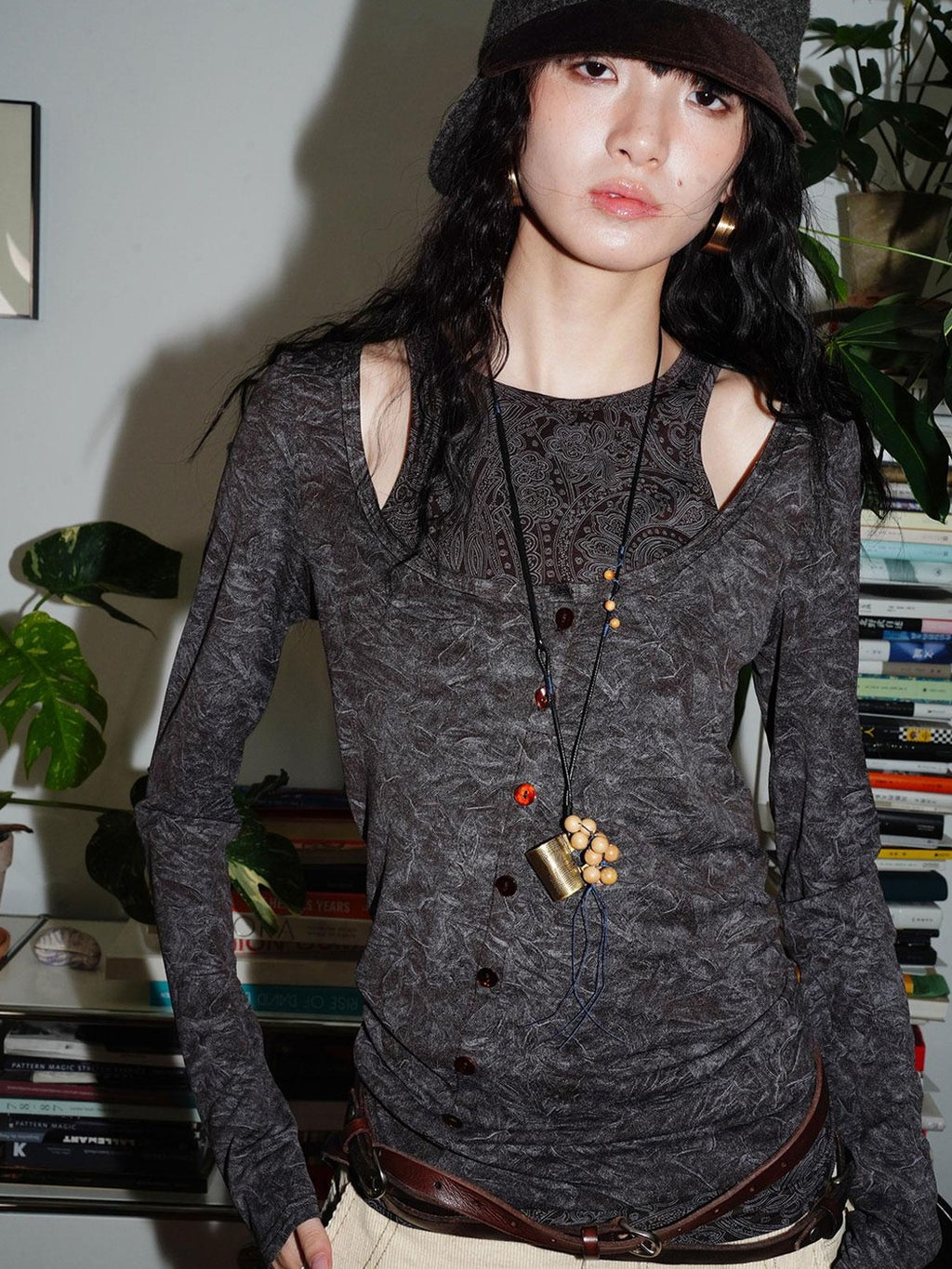 badtaste Contrast Vintage Print Faux Layered Women's Acetate Knit Long Sleeve T-shirts