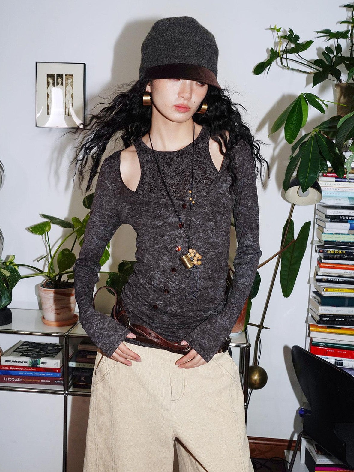 badtaste Contrast Vintage Print Faux Layered Women's Acetate Knit Long Sleeve T-shirts