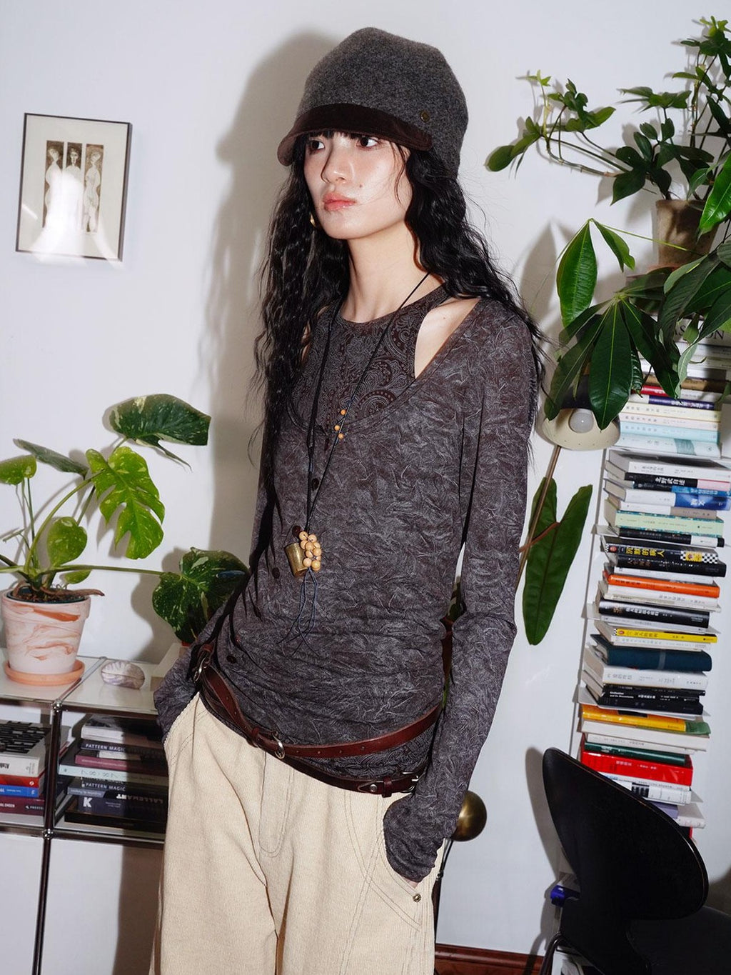 badtaste Contrast Vintage Print Faux Layered Women's Acetate Knit Long Sleeve T-shirts