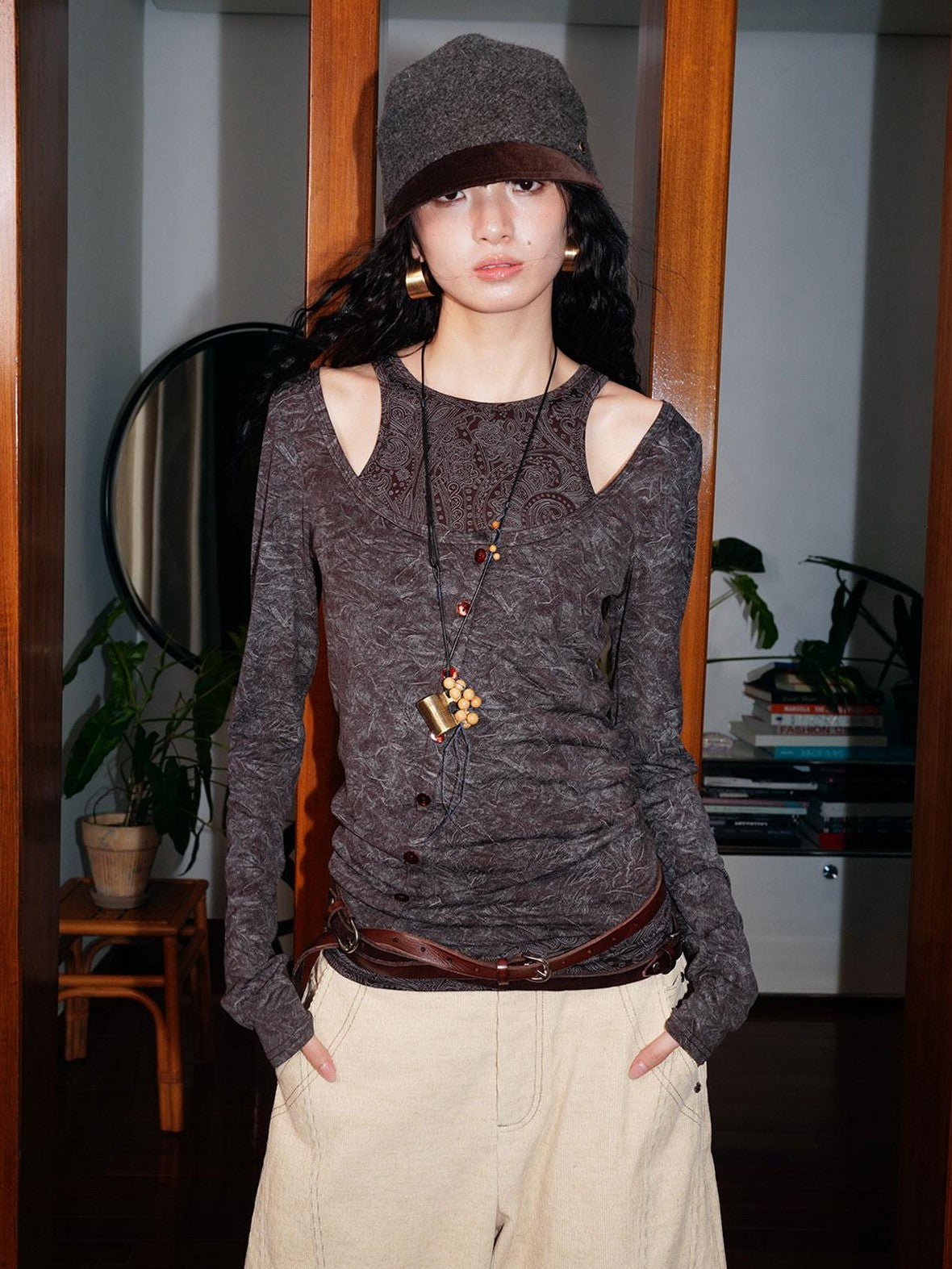 badtaste Contrast Vintage Print Faux Layered Women's Acetate Knit Long Sleeve T-shirts