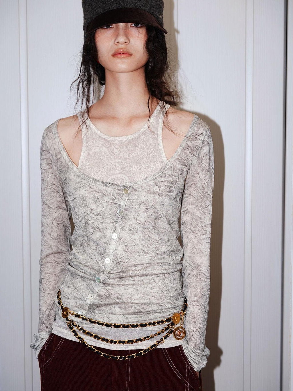 badtaste Contrast Vintage Print Faux Layered Women's Acetate Knit Long Sleeve T-shirts