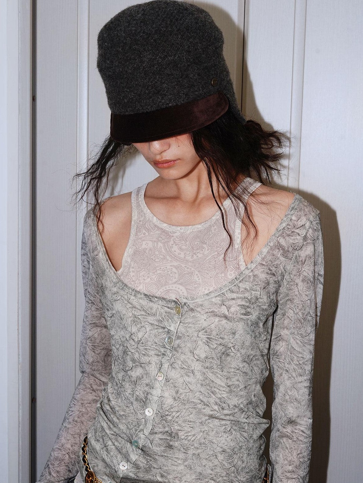 badtaste Contrast Vintage Print Faux Layered Women's Acetate Knit Long Sleeve T-shirts