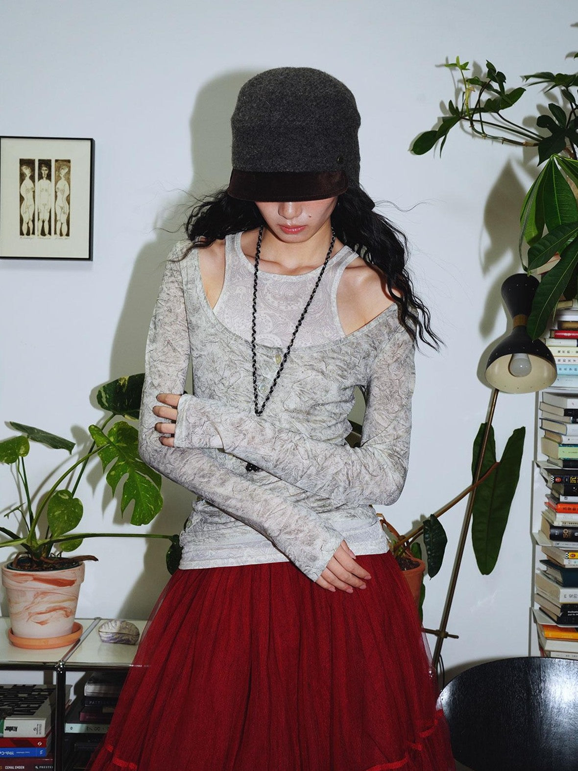badtaste Contrast Vintage Print Faux Layered Women's Acetate Knit Long Sleeve T-shirts