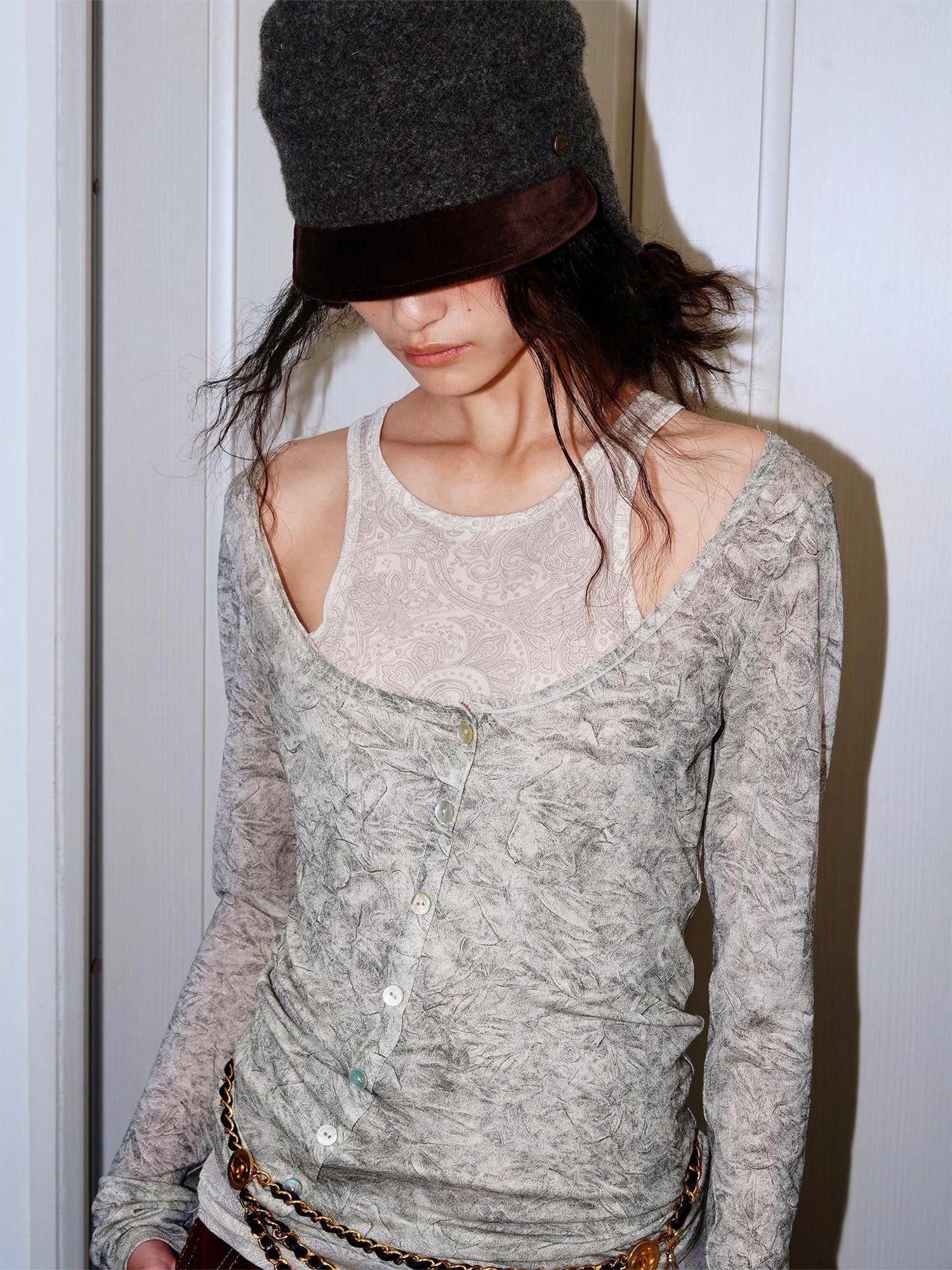 badtaste Contrast Vintage Print Faux Layered Women's Acetate Knit Long Sleeve T-shirts