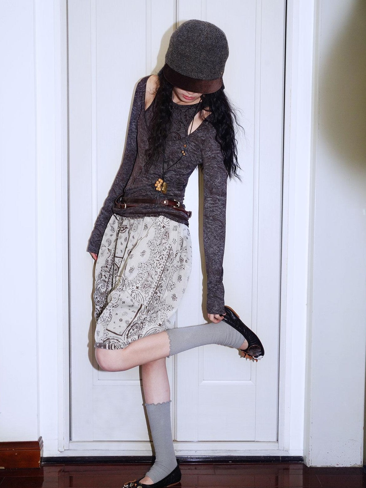 badtaste Contrast Vintage Print Faux Layered Women's Acetate Knit Long Sleeve T-shirts