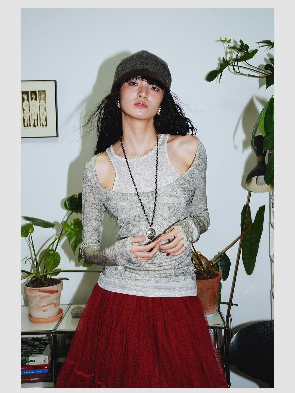 badtaste Contrast Vintage Print Faux Layered Women's Acetate Knit Long Sleeve T-shirts